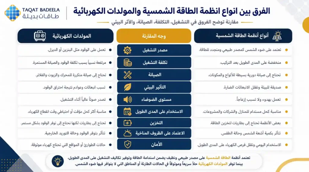 الفرق بين انواع انظمة الطاقة الشمسية و المولدات الكهربائيه